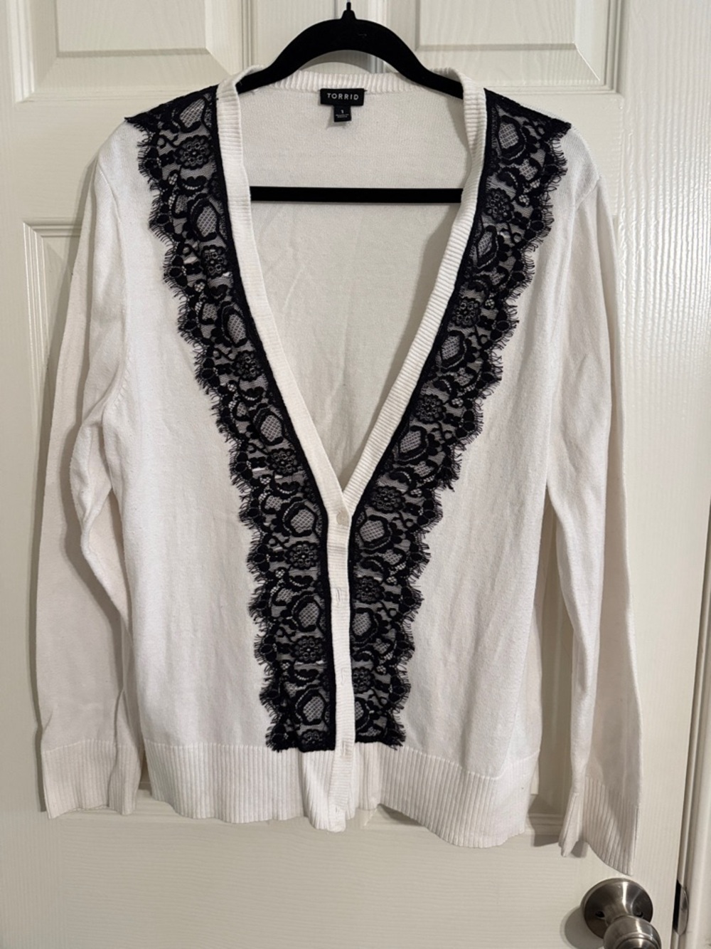 torrid White Cardigan with Black Lace Trim Detail
